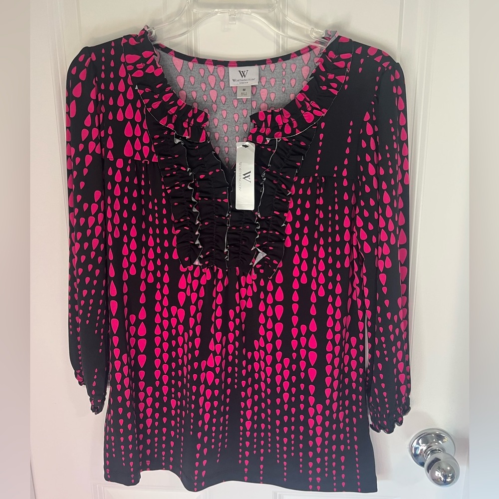 Worthington Black and Pink Ruffle Blouse